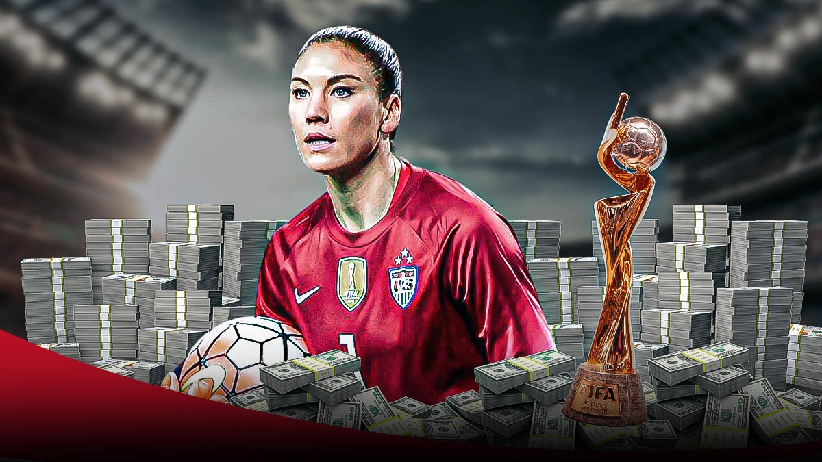 Women's soccer player Hope Solo in soccer gear on a soccer field with a pile of dollar bills and a trophy