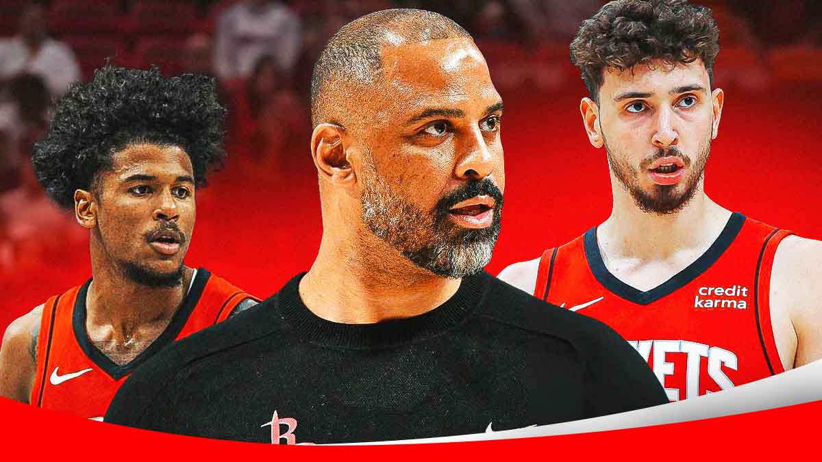 Rockets' Ime Udoka in the middle with Jalen Green on one side and Alperen Sengun on the other