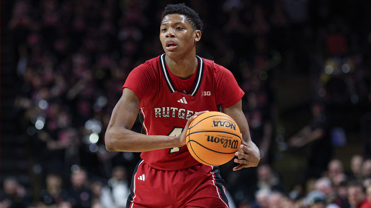 Rutgers Scarlet Knights guard Ace Bailey (4) looks to pass during the second half against the Illinois Fighting Illini at Jersey Mike's Arena.