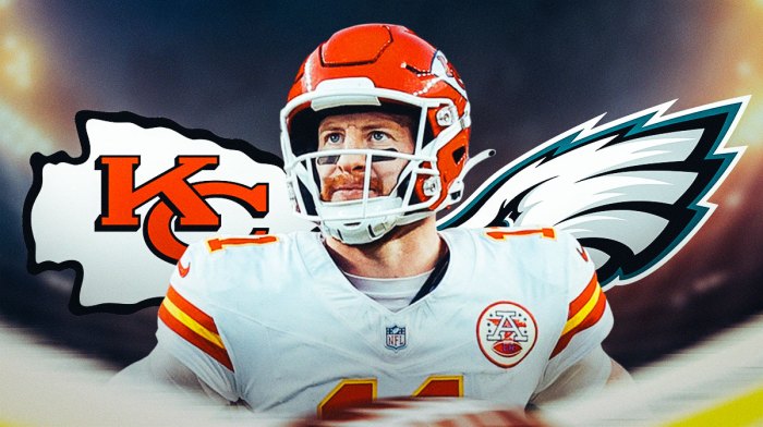 Carson Wentz' in the middle with Chiefs logo on one side and Eagles logo on the other