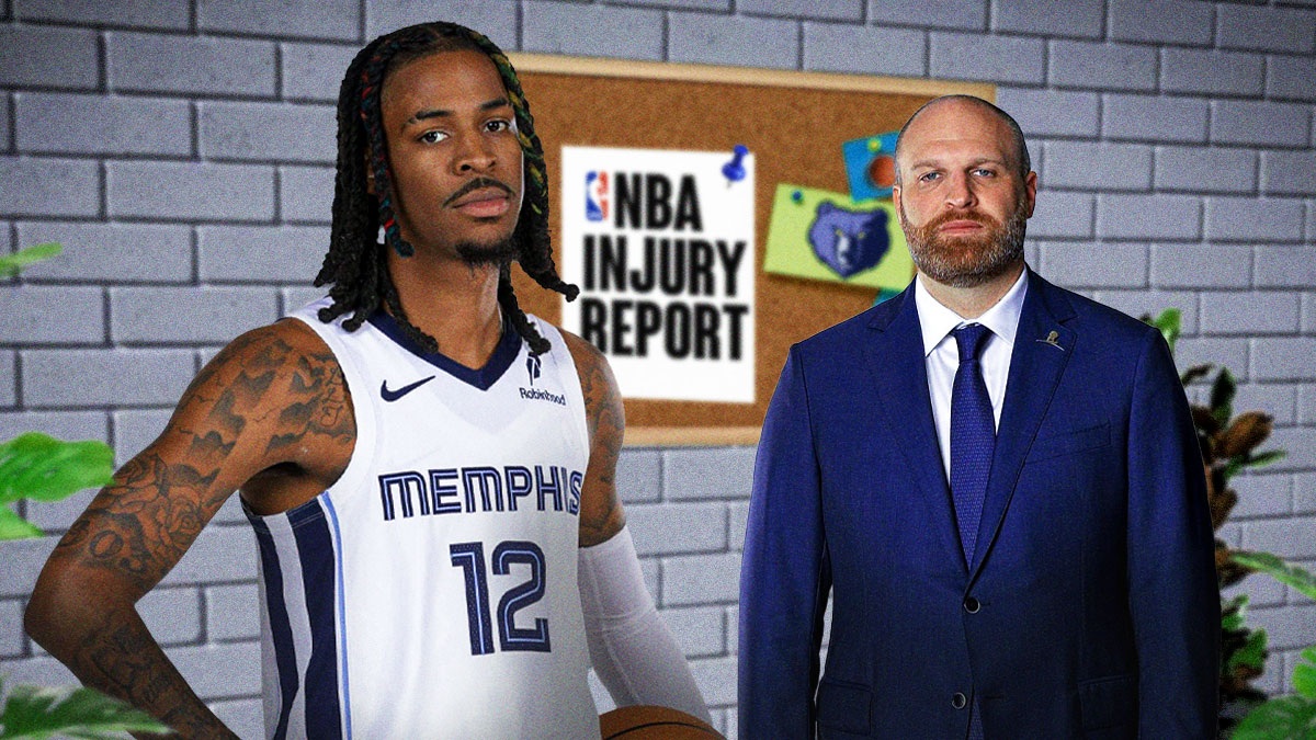 Ja Morant, Taylor Jenkins, an "NBA Injury Report" hanging on the wall, Grizzlies logo