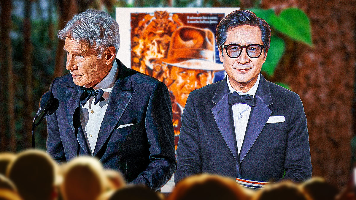 Harrison Ford and Ke Huy Quan in front of Indiana Jones and the Temple of Doom poster and jungle background.