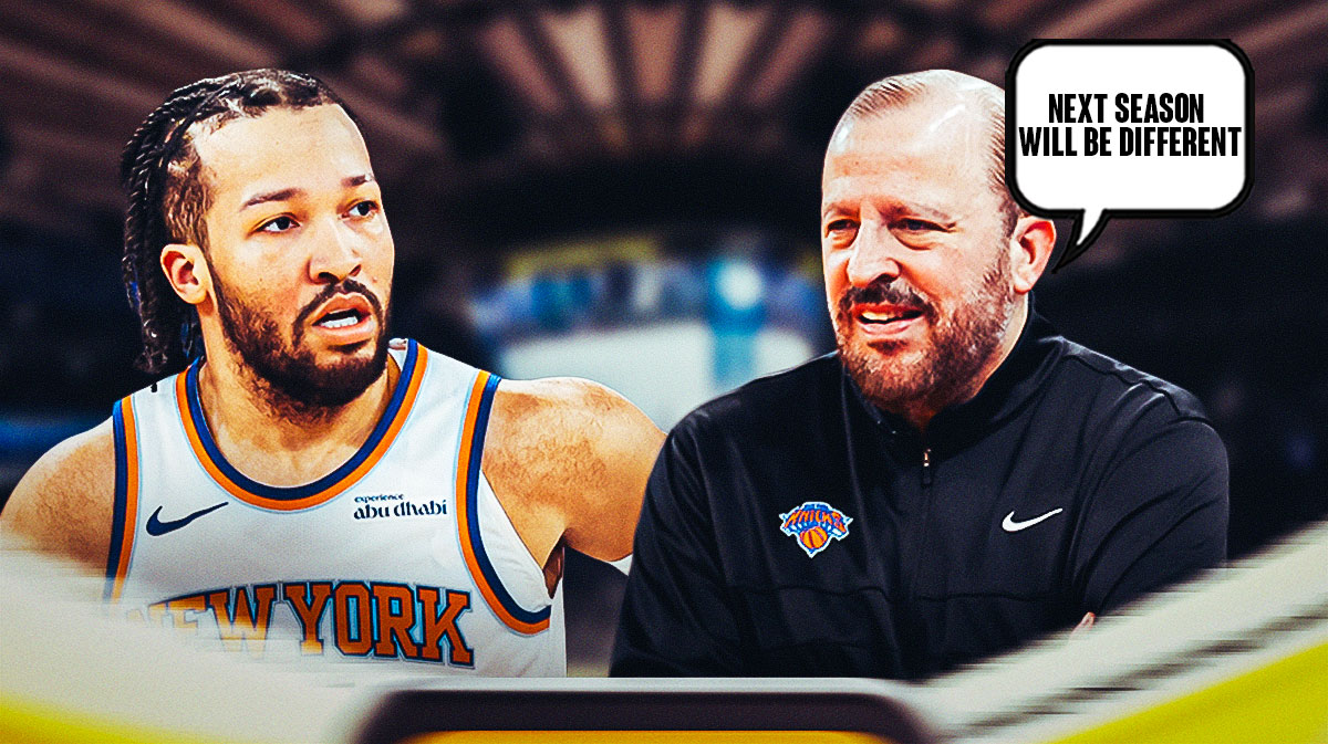 Jalen Brunson and Coach Thibodeau talking, with Thibodeau saying (in a speech bubble) "Next season will be different"