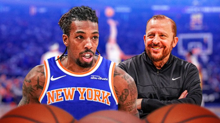 Delon Wright in a defensive stance in a Knicks' jersey with Tom Thibodeau smiling
