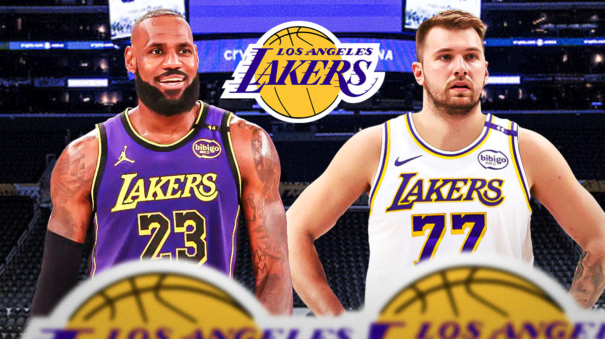 Lakers LeBron James and Luka Doncic looking excited