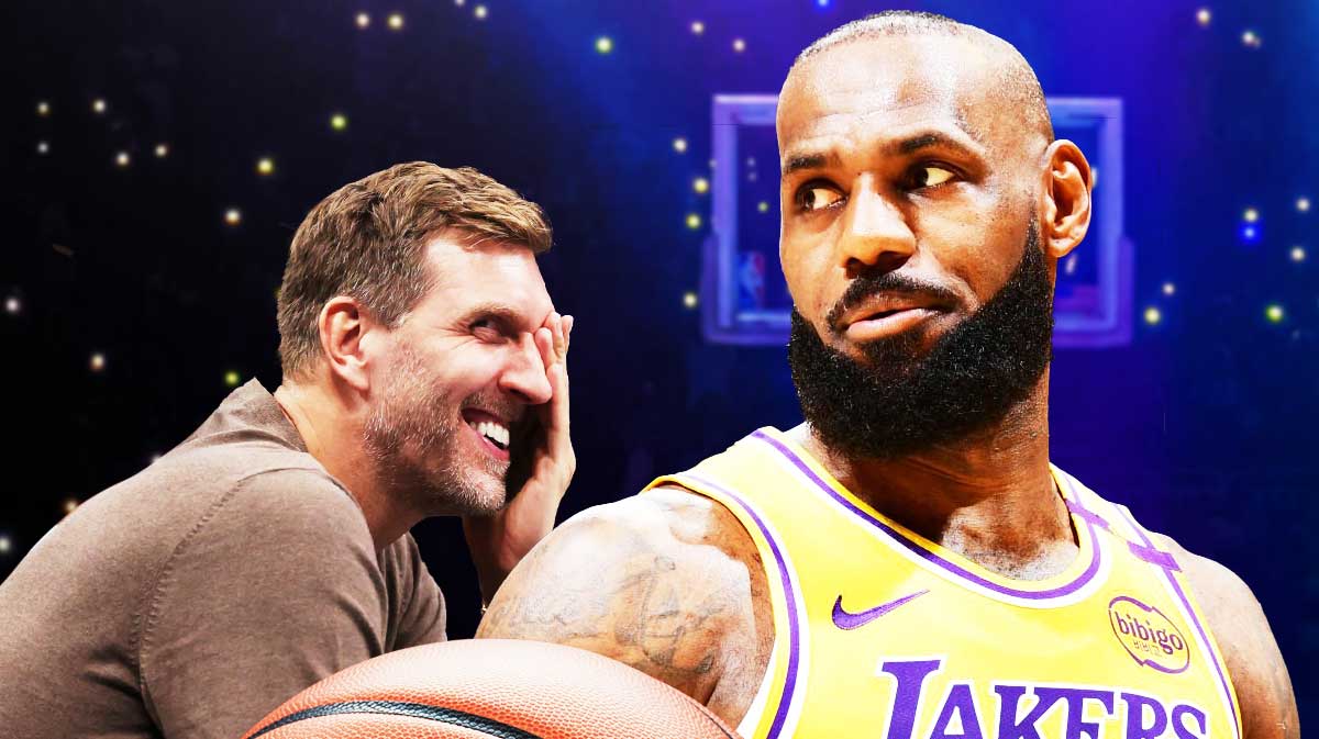 Lakers LeBron James on left looking serious. Recent image of Dirk Nowitzki on right smiling.