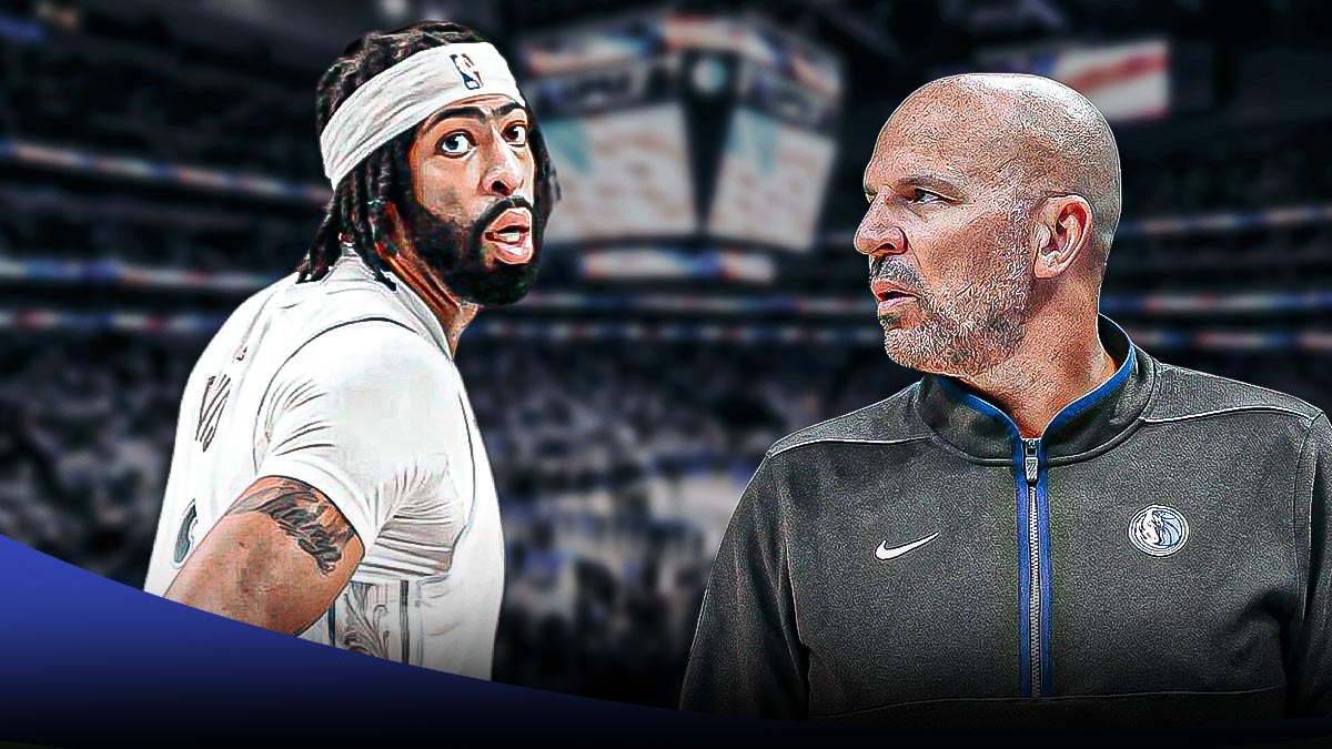 Anthony Davis in a Mavericks jersey on left looking serious. Mavericks Jason Kidd on right looking serious.