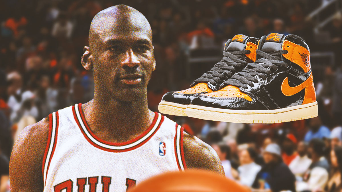 Michael Jordan in image, Jordan 1 shattered backboard sneakers in image, basketball court in background