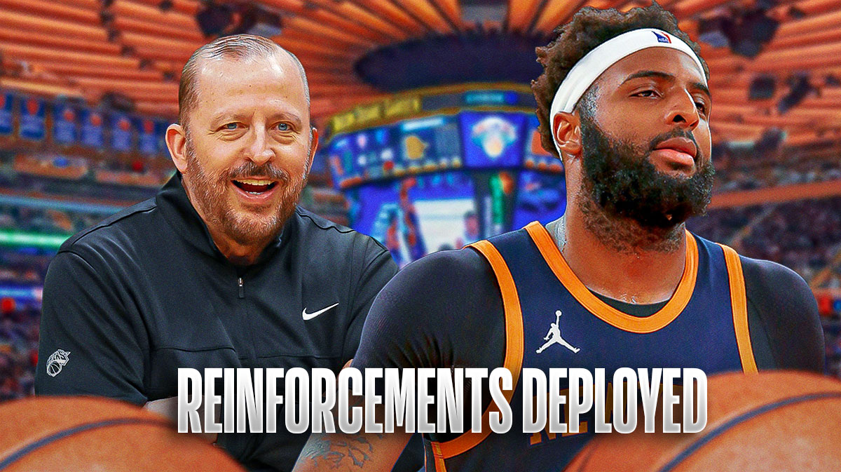 Tom Thibodeau with a devilish smile looking in the direction of Mitchell Robinson with the text, "Reinforcements deployed" at the top of the image