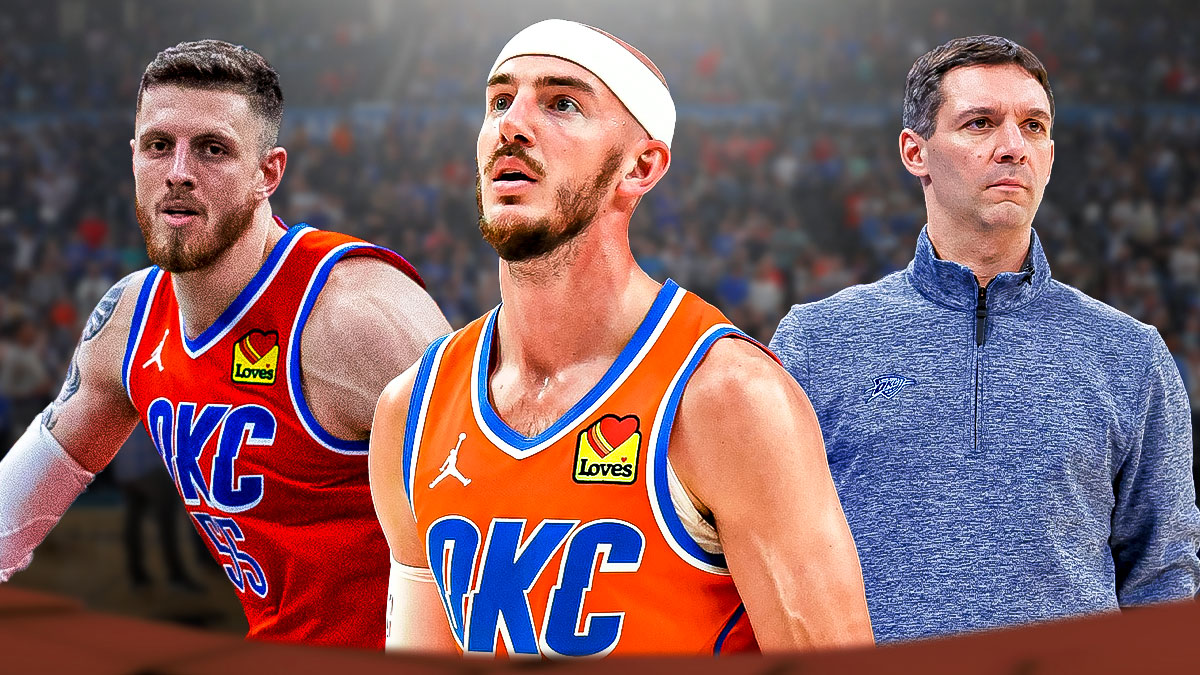 Thunder guard Alex Caruso next to Thunder center Isaiah Hartenstein with Thunder head coach Mark Daigneault in the background