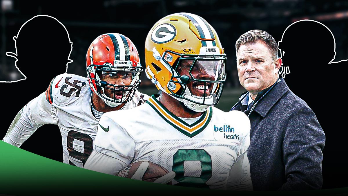 Josh Jacobs in the middle with Brian Gutekunst and Myles Garrett and two Mystery players.