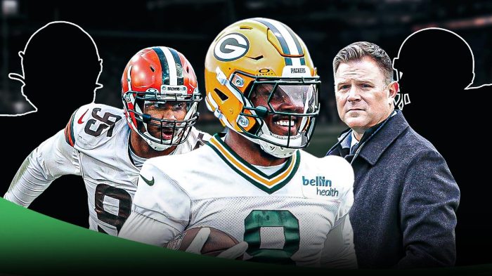Josh Jacobs in the middle with Brian Gutekunst and Myles Garrett and two Mystery players.