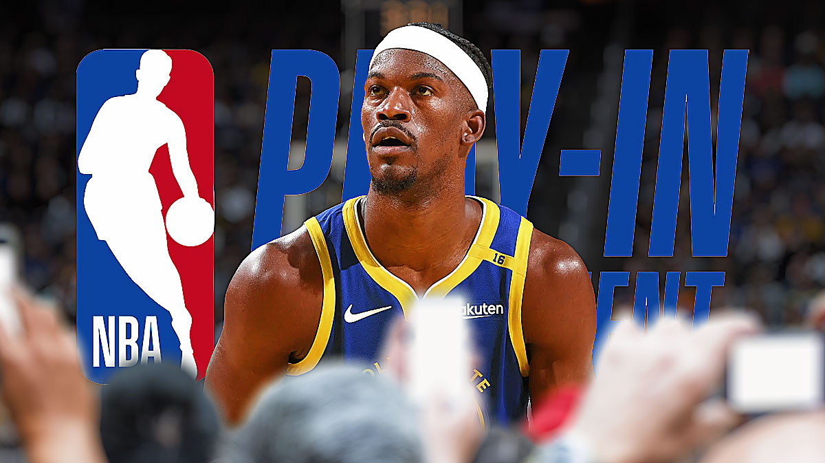 Warriors, Jimmy Butler, Jimmy Butler Warriors, Jimmy Butler trade, Western Conference, Jimmy Butler in Warriors uni, play-in tournament logo on graphic, Warriors arena in the background