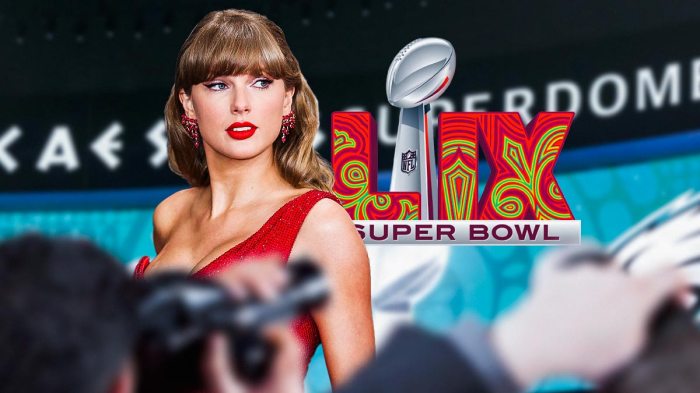 Taylor Swift with Super Bowl 59 logo and Caesars Superdome background, where the Kansas City Chiefs played the Philadelphia Eagles.