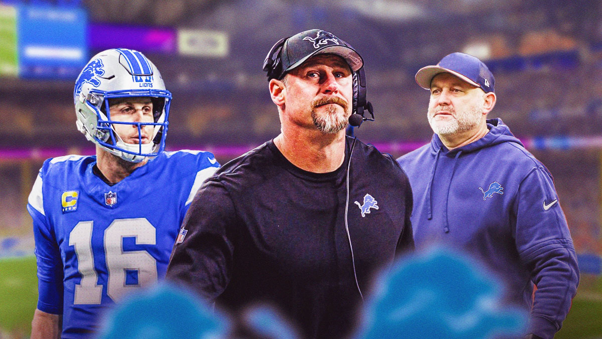 Detroit Lions coach Dan Campbell with Lions offensive coordinator John Morton and Jared Goff in a Detroit Lions uniform.