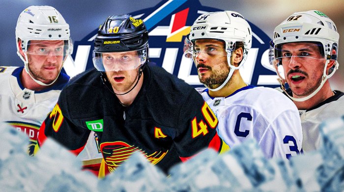 Sidney Crosby, Auston Matthews, Aleksander Barkov, and Elias Pettersson. 4 Nations face-off logo behind them