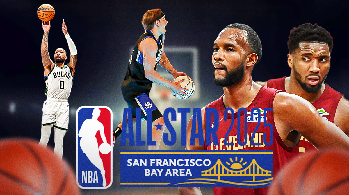 Mac McClung in the dunk contest in the middle. Damian Lillard shooting in the 3-point contest to one side of the graphic. The other side is Evan Mobley and Donovan Mitchell together. 2025 NBA All-Star Weekend logo front and center.