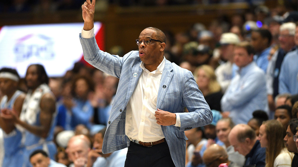 North Carolina Tar Heels head coach Hubert Davis reacts during the second half against the Duke Blue Devils at Cameron Indoor Stadium.