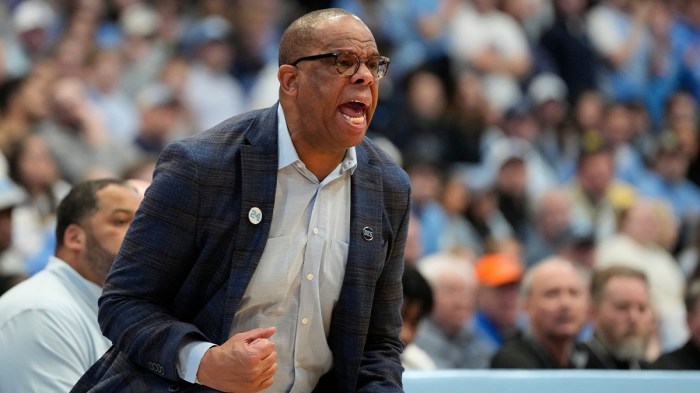 North Carolina Tar Heels head coach Hubert Davis reacts in the first half at Dean E. Smith Center.