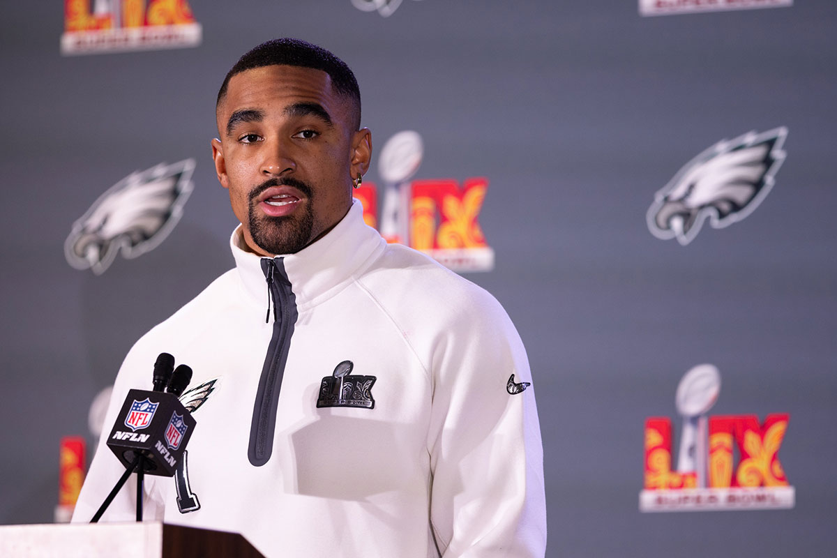 Philadelphia Eagles quarterback Jalen Hurts speaks with the media during a press conference at Hilton New Orleans Riverside.