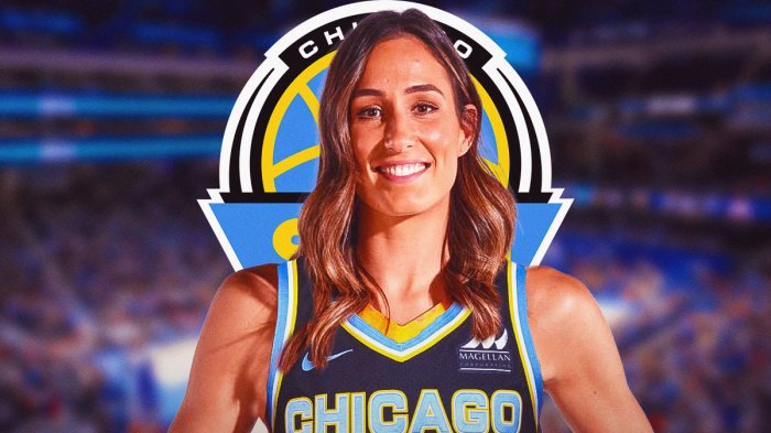 WNBA player Rebecca Allen in a Chicago Sky jersey with the Chicago Sky logo in the background, Sun trade Lindsay Allen