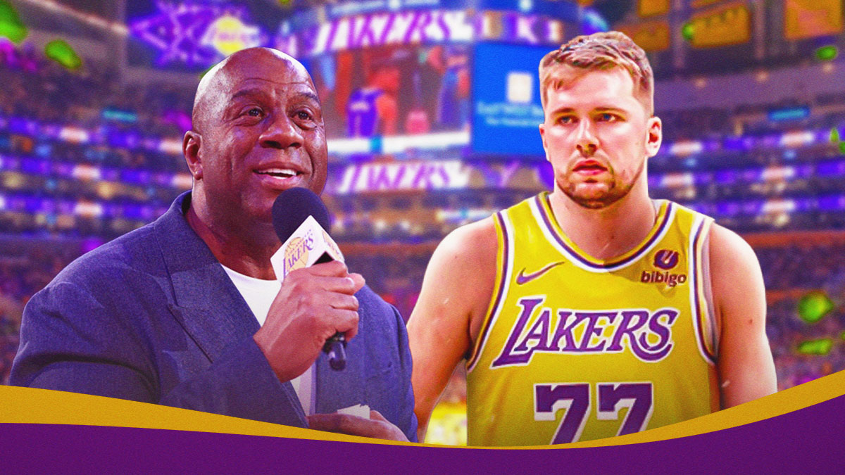 A current/recent image of former NBA player Magic Johnson, alongside NBA player Luka Doncic. Have Luka Doncic in a LA Lakers jersey. Have the LA Lakers arena in the background, trade