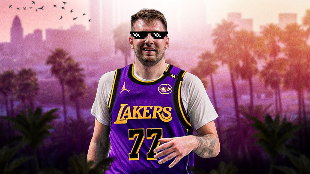 Luka Doncic (Lakers) with deal with it shades and in Lakers uniform, trade arrival LA