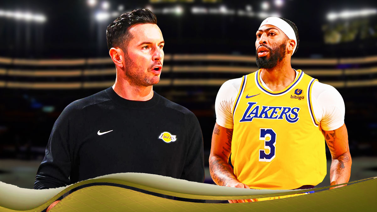 LA Lakers head coach JJ Redick alongside Anthony Davis in his LA Lakers jersey. Have the Lakers arena in the background, trade