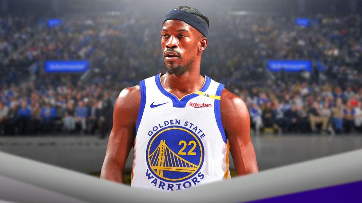 NBA player Jimmy Butler in a Golden State Warriors jersey with the Golden State Warriors arena in the background, trade
