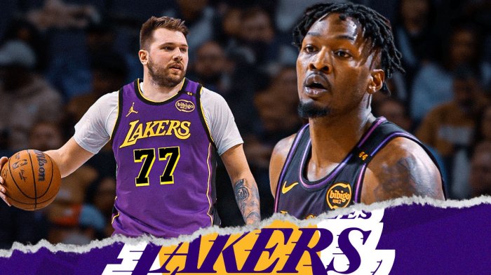 LA Lakers players Luka Doncic and Dorian Finney-Smith with the LA Lakers arena in the background, trade