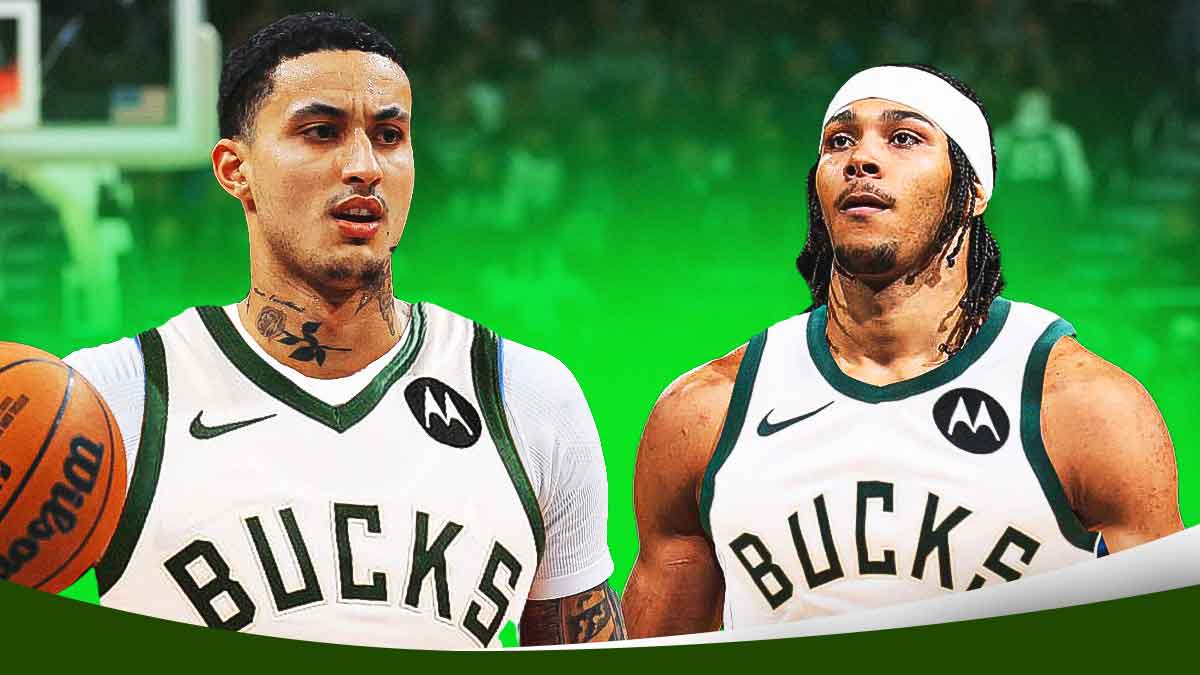 NBA player Kyle Kuzma in a Milwaukee Bucks jersey alongside NBA player Jericho Sims in a Milwaukee Bucks jersey. Have the Milwaukee Bucks arena in the background, trade