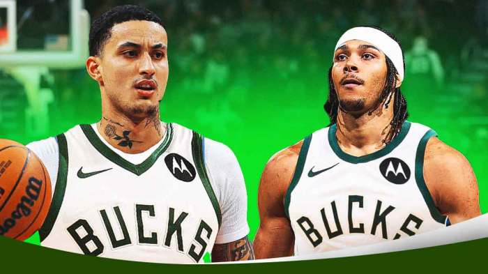 NBA player Kyle Kuzma in a Milwaukee Bucks jersey alongside NBA player Jericho Sims in a Milwaukee Bucks jersey. Have the Milwaukee Bucks arena in the background, trade