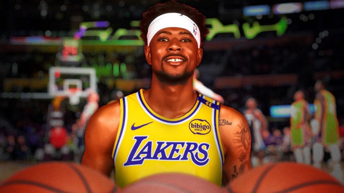 NBA player Jordan Goodwin in a LA Lakers jersey with the LA Lakers arena in the background, two-way contract roster