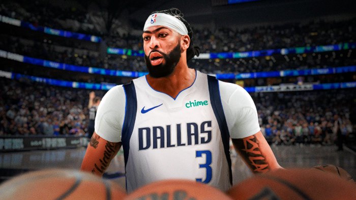 NBA player Anthony Davis in a Dallas Mavericks jersey with the the Mavericks arena in the background, debut fans