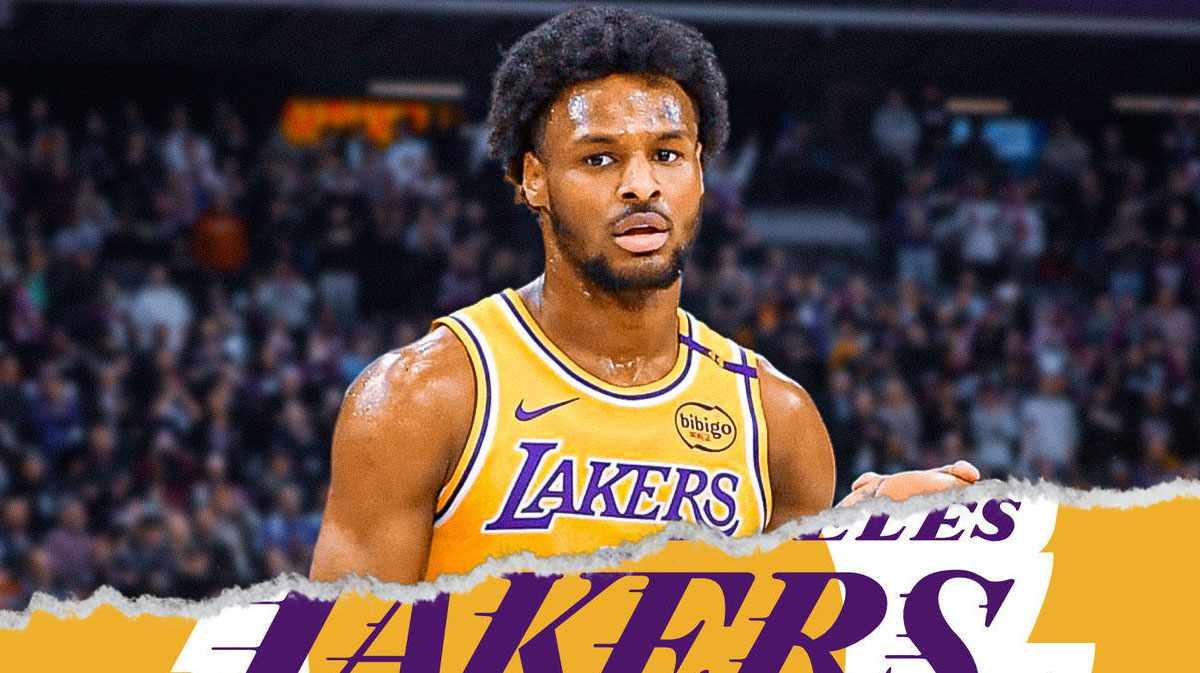 LA Lakers player Bronny James with the LA Lakers arena in the background. G League South Bay roster road trip