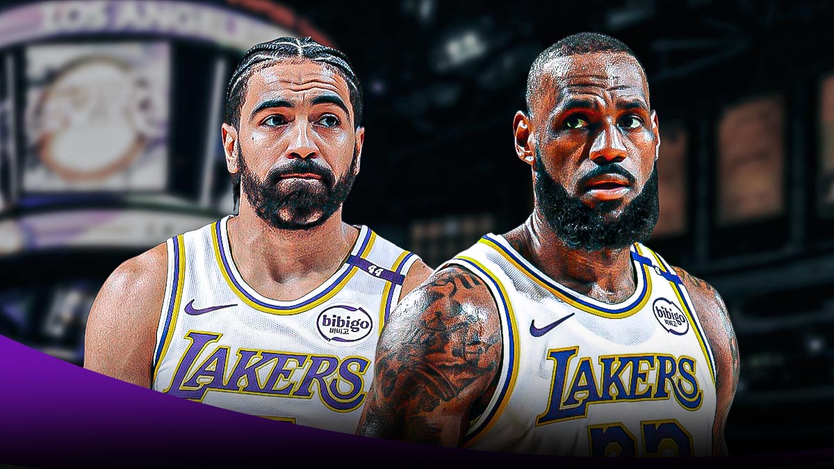 LA Lakers players LeBron James and Gabe Vincent with the LA Lakers arena in the background