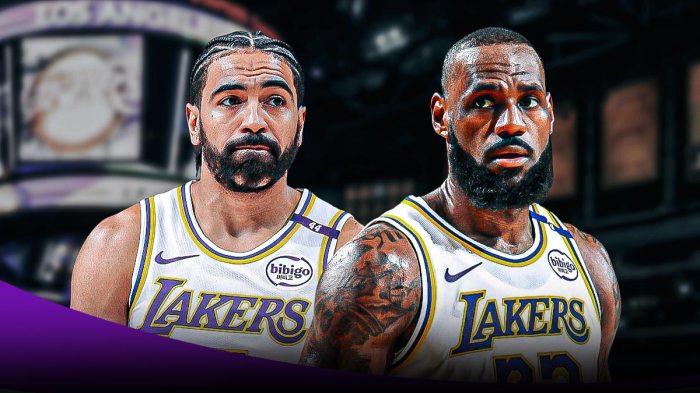 LA Lakers players LeBron James and Gabe Vincent with the LA Lakers arena in the background