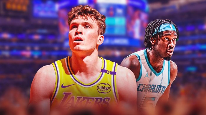 LA Lakers player Dalton Knecht alongside Charlotte Hornets player Mark Williams, trade rescinded