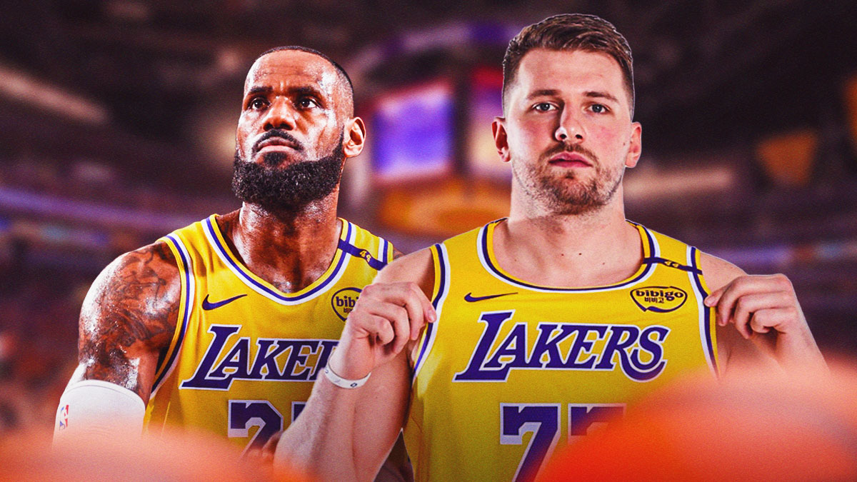 LA Lakers players LeBron James and Luka Doncic with the LA Lakers arena in the background, injury report