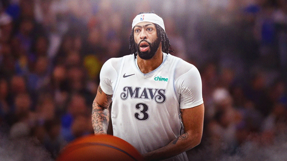 Dallas Mavericks player Anthony Davis with the Mavericks arena in the background, injury