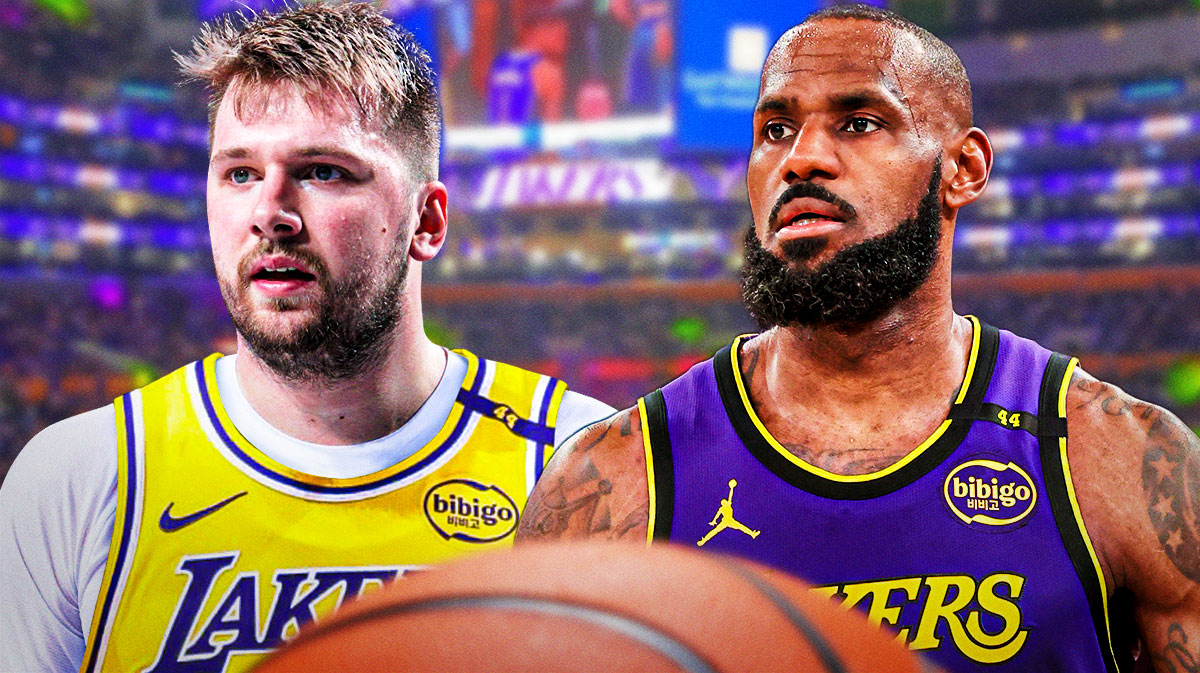 LA Lakers players Luka Doncic and LeBron James with the LA Lakers arena in the background, debut