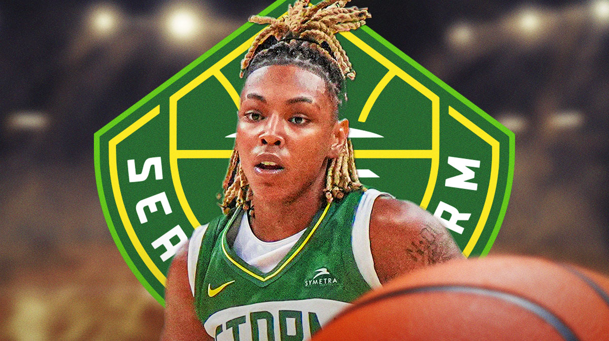 Seattle Storm player Jordan Horston with the Seattle Storm logo in the background, injury