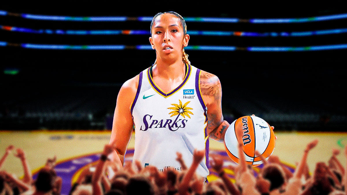 WNBA player Mercedes Russell in a LA Sparks jersey with the LA Sparks arena in the background, free agency season