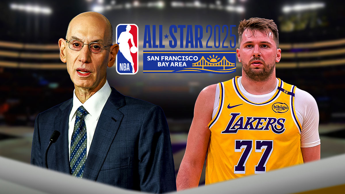 NBA Commissioner Adam Silver alongside LA Lakers player Luka Doncic with the NBA All-Star logo in the background, Mavericks fans