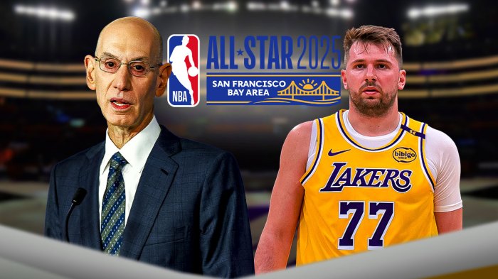 NBA Commissioner Adam Silver alongside LA Lakers player Luka Doncic with the NBA All-Star logo in the background, Mavericks fans