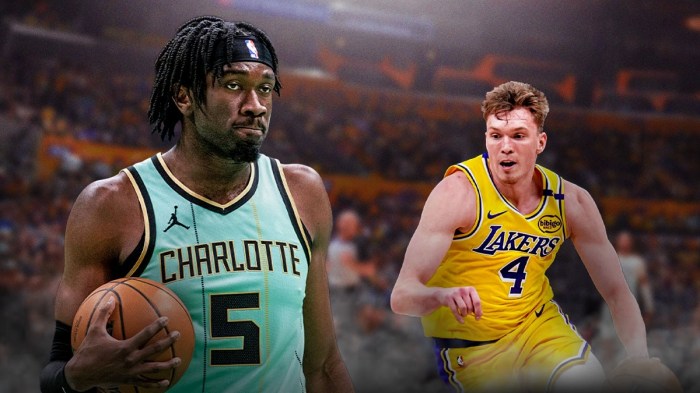 Charlotte Hornets player Mark Williams alongside LA Lakers player Dalton Knecht, trade protest