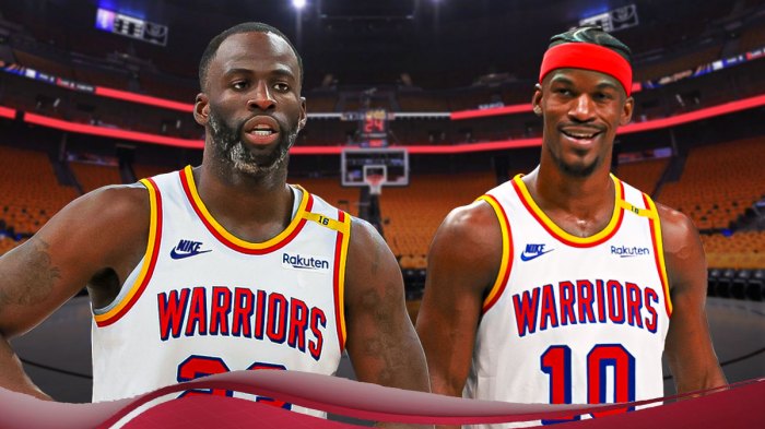 Golden State Warriors players Draymond Green and Jimmy Butler with the Warriors arena in the background, trade