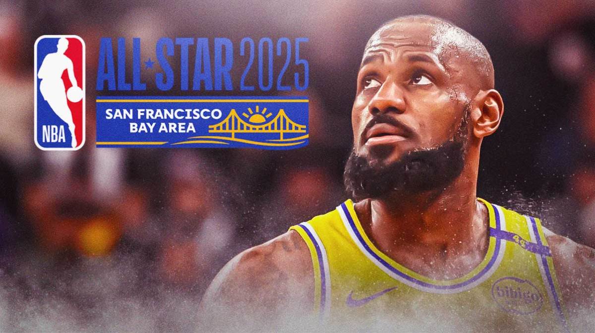 LA Lakers player LeBron James with the 2025 NBA All-Star logo in the background, Game injury fans react
