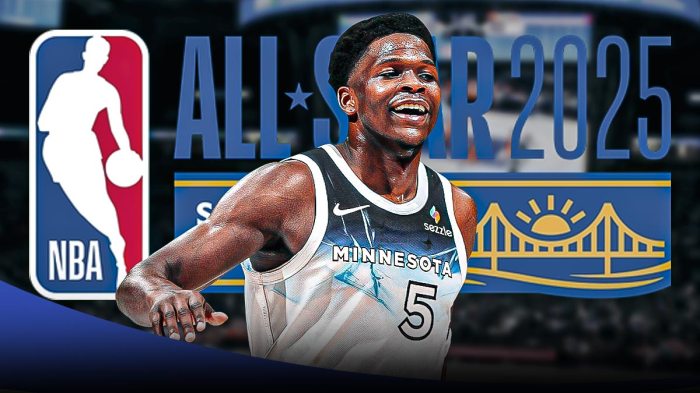 Minnesota Timberwolves player Anthony Edwards with the 2025 NBA All-Star logo in the background, Game injury