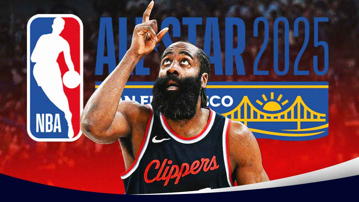 LA Clippers player James Harden with the 2025 NBA All-Star logo in the background, Game